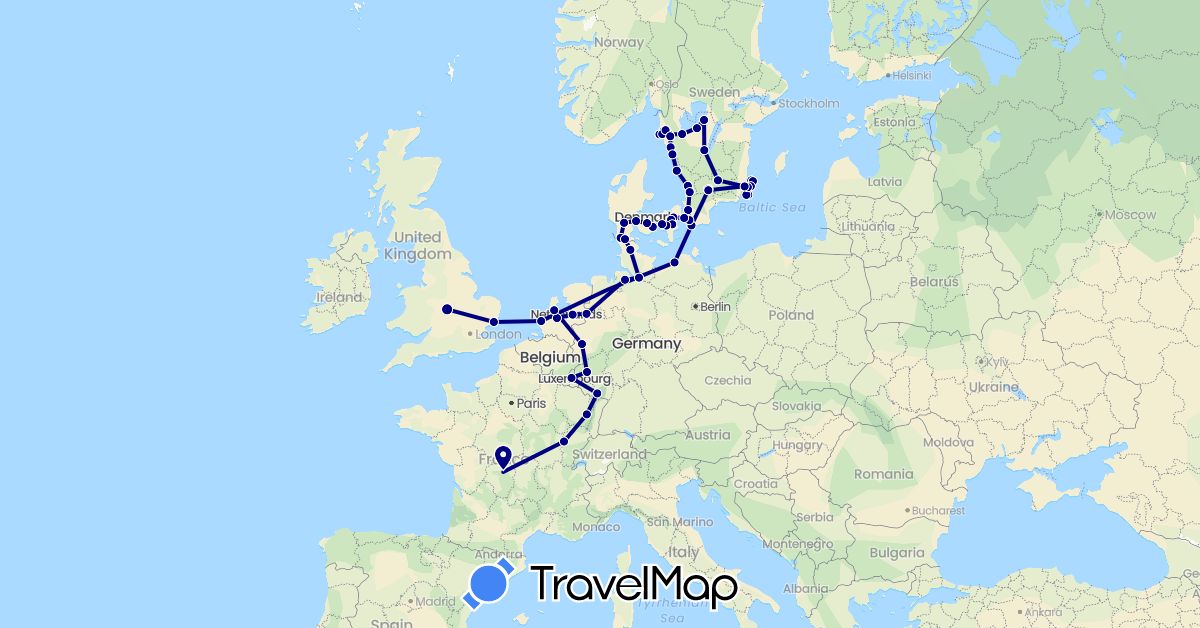 TravelMap itinerary: driving in Germany, Denmark, France, United Kingdom, Luxembourg, Netherlands, Sweden (Europe)